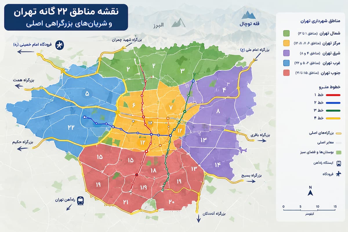 قشه تقسیمبندی مناطق شهری تهران و شریانهای بزرگراهی اصلی