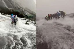  گرفتار شدن کوهنوردان در سیلاب ناگهانی / ویدئو