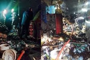 انفجار قوطی‌های رنگ و تینر در آتش‌سوزی مغازه‌ای در بازار آهن شادآباد